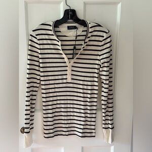 Polo Ralph Lauren Women's Black and Cream Striped Long Sleeve Top.